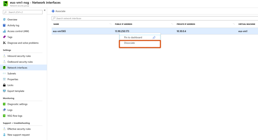 click on dissociate to disconnect nsg from nic