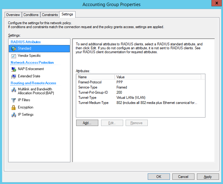 Create Network Policy Settings for Accounting Group for VLAN 200