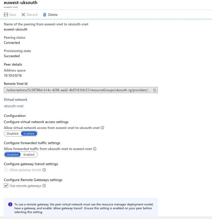 remote gateway vnet peering from euwest to uksouth