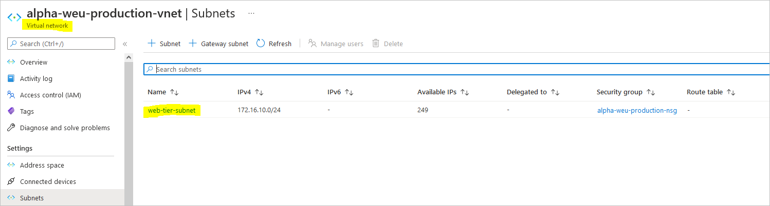 create virtual network and subnets on azure